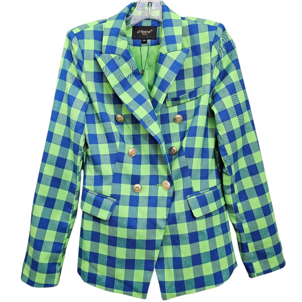 Attentif Double Breasted Nwot Longsleeve Green & Blue Checkered Collared Blazer